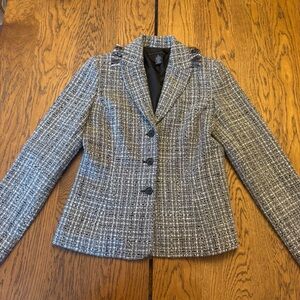 Apostrophe Black and White Tweed Blazer Fringe Wool Blend Career Jacket plaid